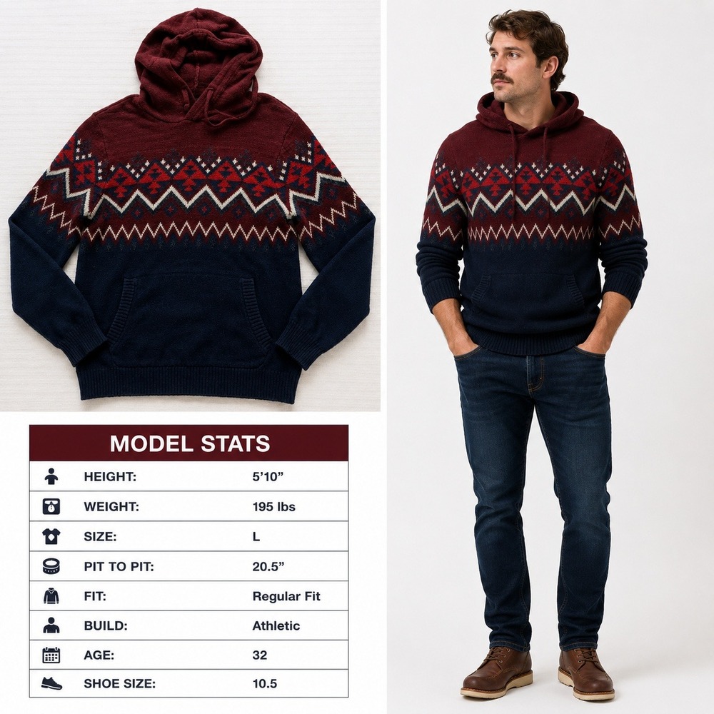 American Eagle Mens Fair Isle Hooded Sweater Burgundy Navy Blue Knit Large 1016